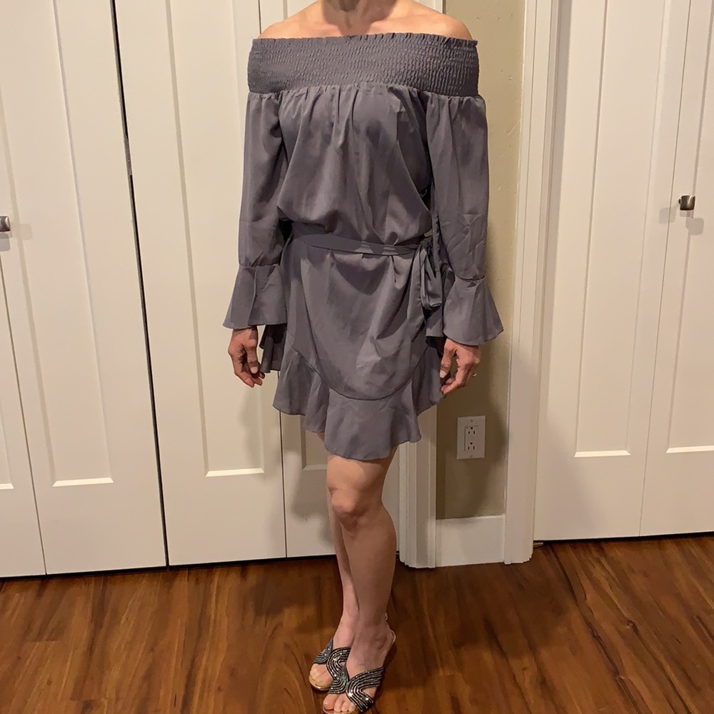 Gray Off-Shoulder Mini Dress - Picture 3 of 7